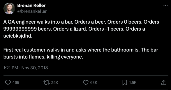 a tweet containing a joke about negative testing